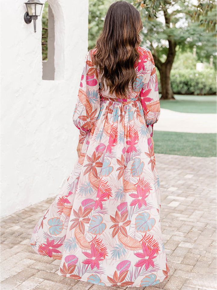 Plus Size V-Neck Printed Slit Dress