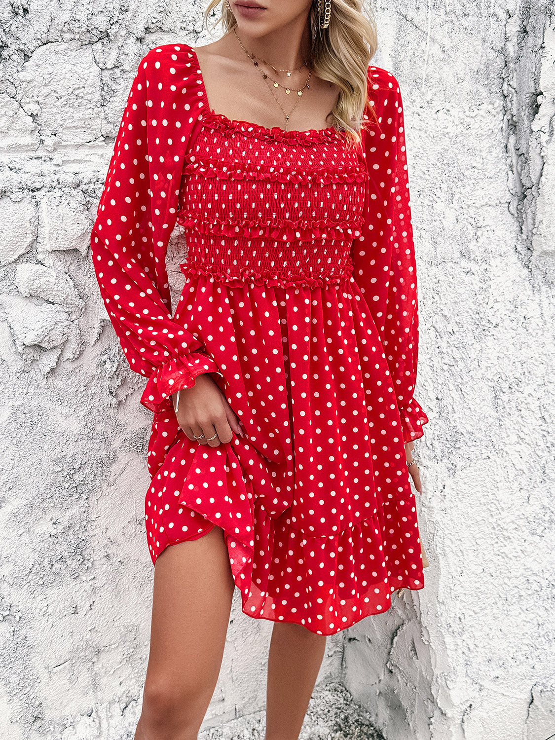 Devine Smocked Polka Dot Long Sleeve Dress