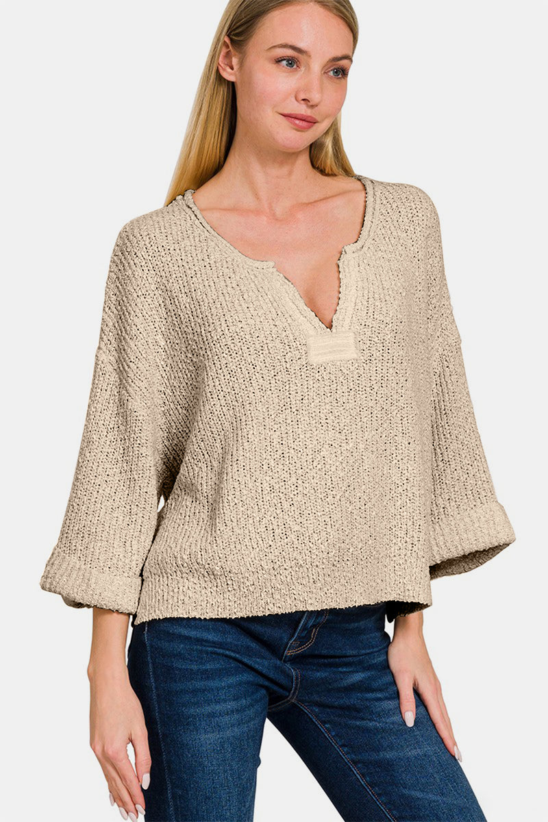 Notched Side Slit Patch Sweater