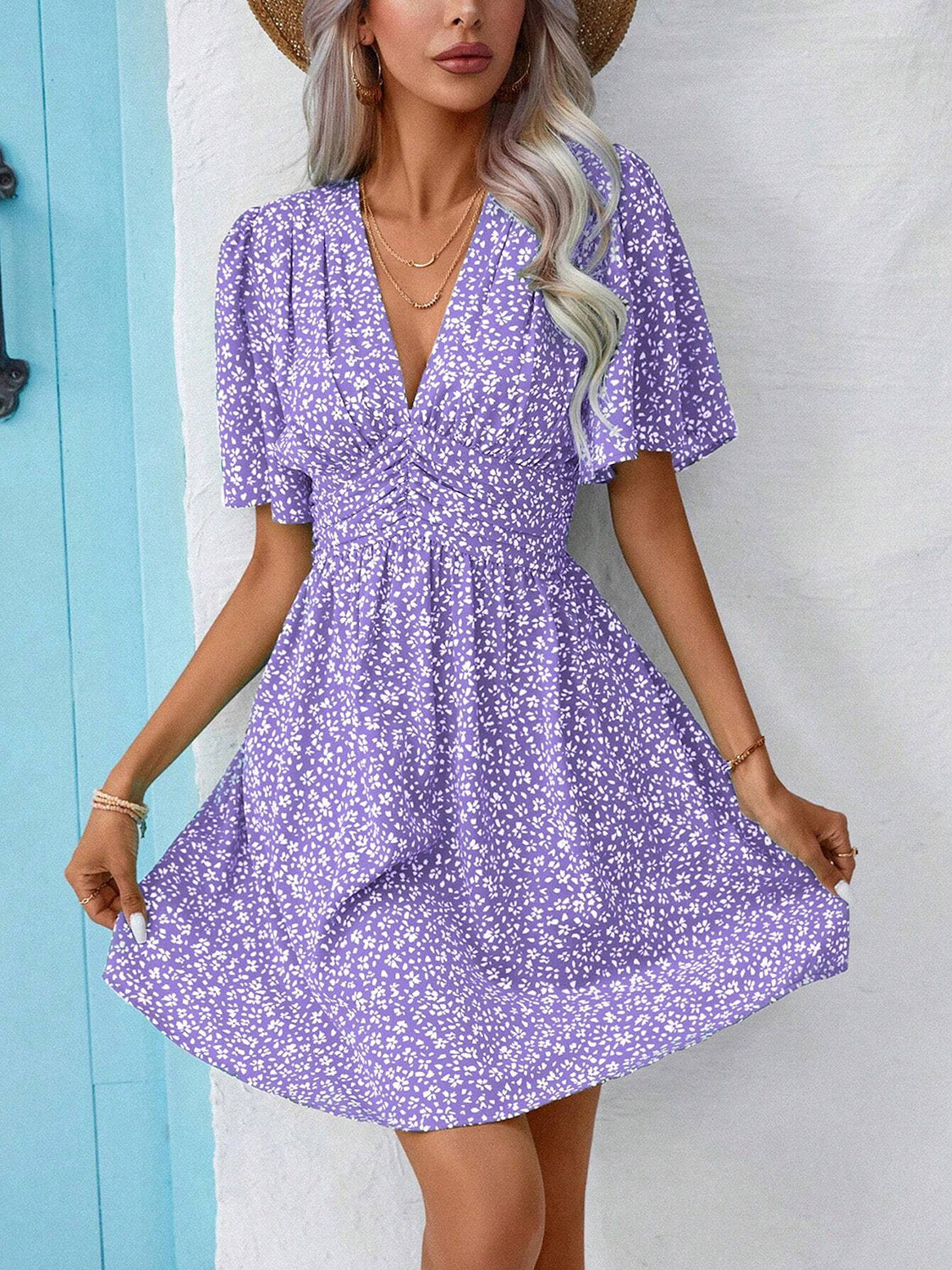 Printed Half Sleeve V-Neck Mini Dress