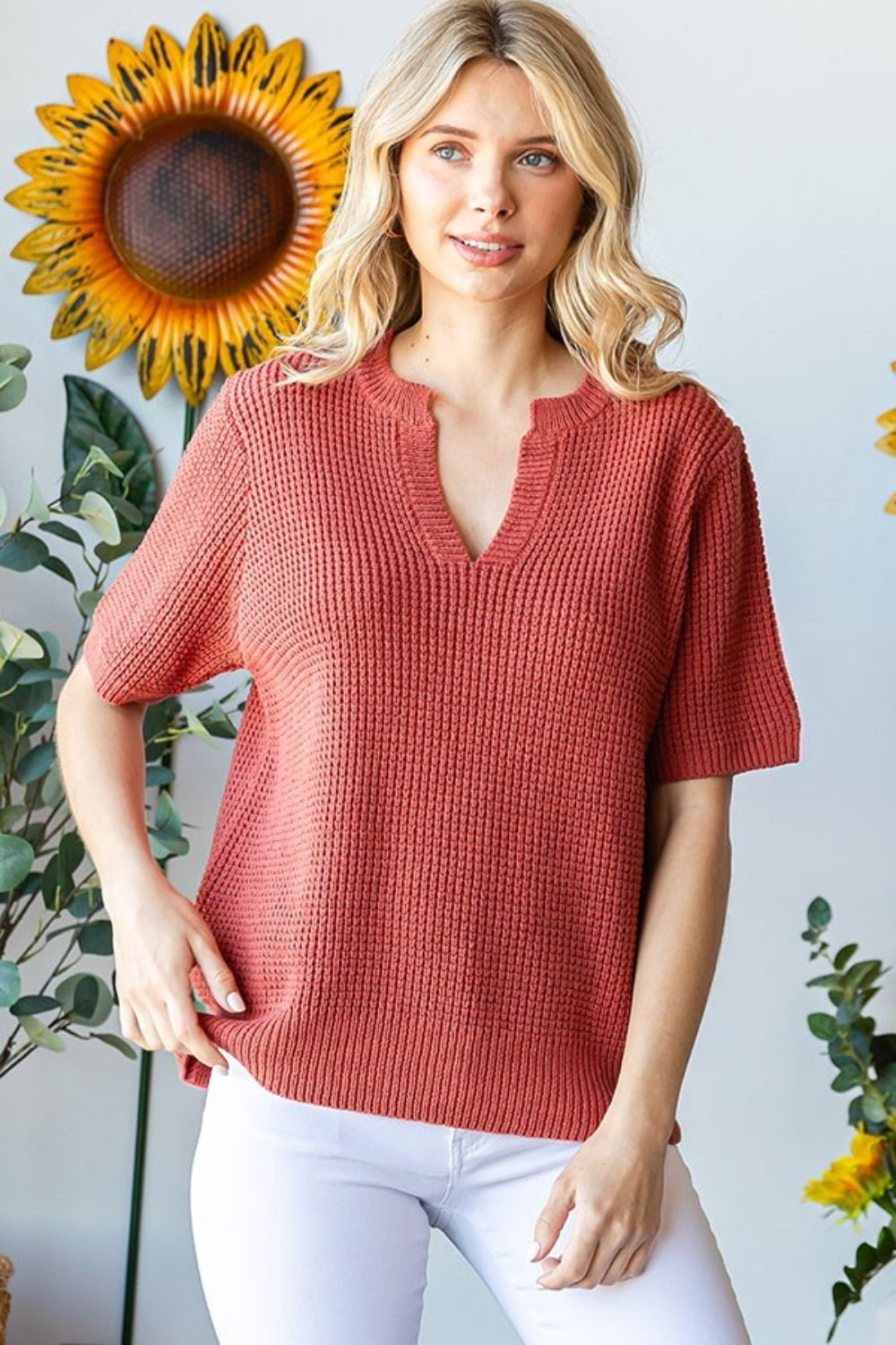 Notched Short Sleeve Knit Top