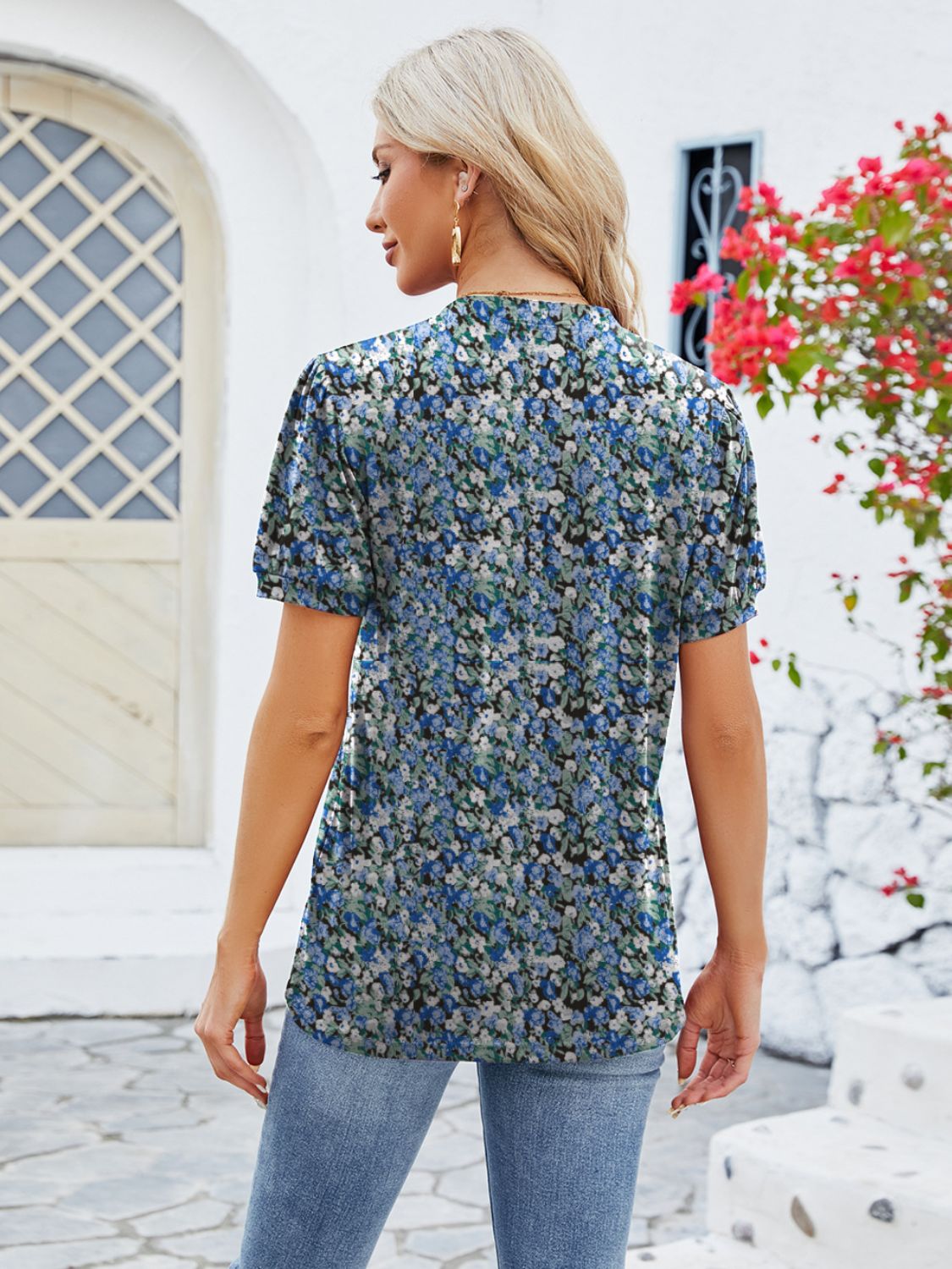 Ruched Printed Notched Short Sleeve Blouse