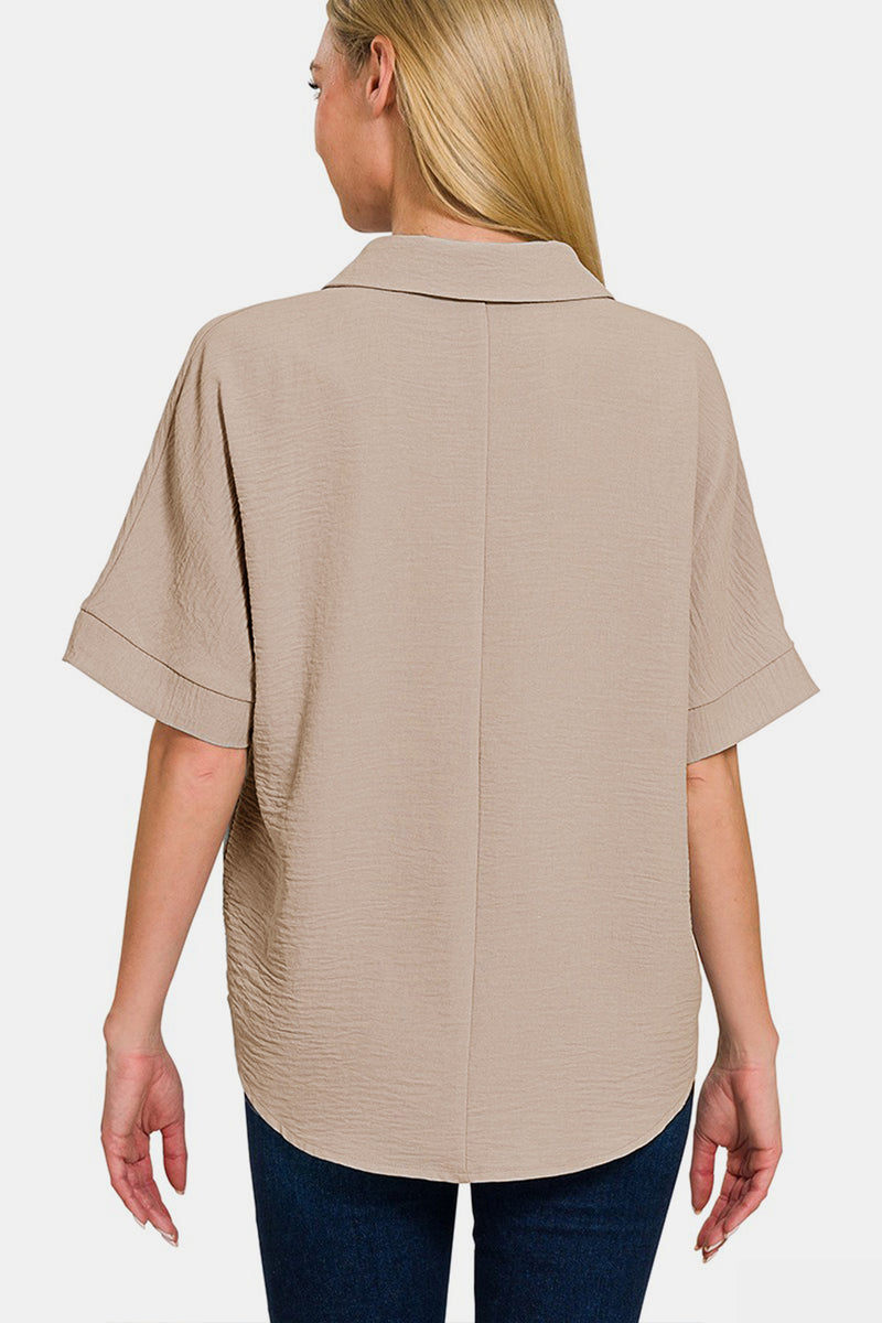 Texture Collared Neck Short Sleeve Top
