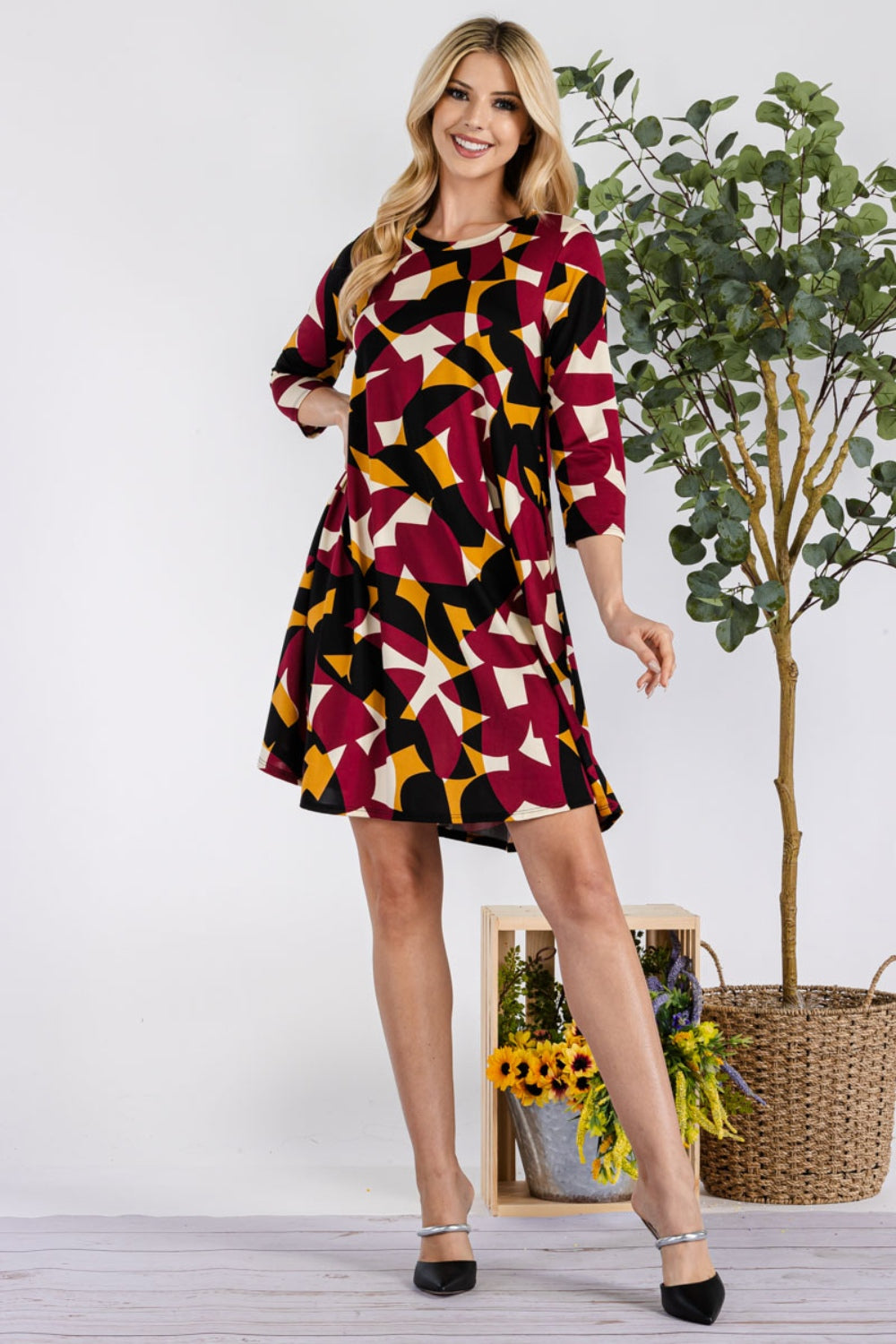 Full Size Geometric Round Neck Dress with Pockets