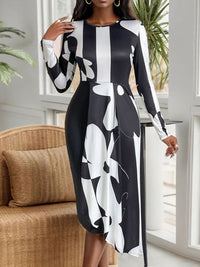 Perfee Asymmetrical Slit Round Neck Long Sleeve Midi Dress