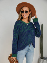 Angel Wings Striped Round Neck Dropped Shoulder Sweater