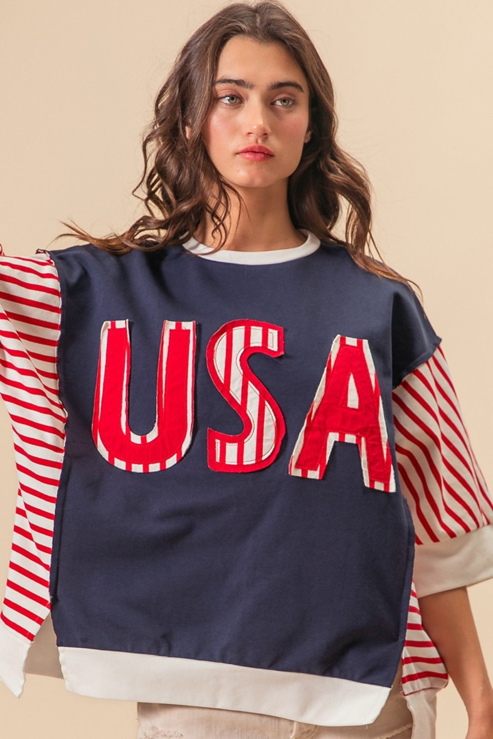 USA Letter Patchwork Contrast Short Sleeve T-Shirt