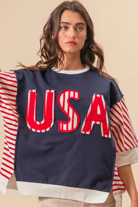 USA Letter Patchwork Contrast Short Sleeve T-Shirt