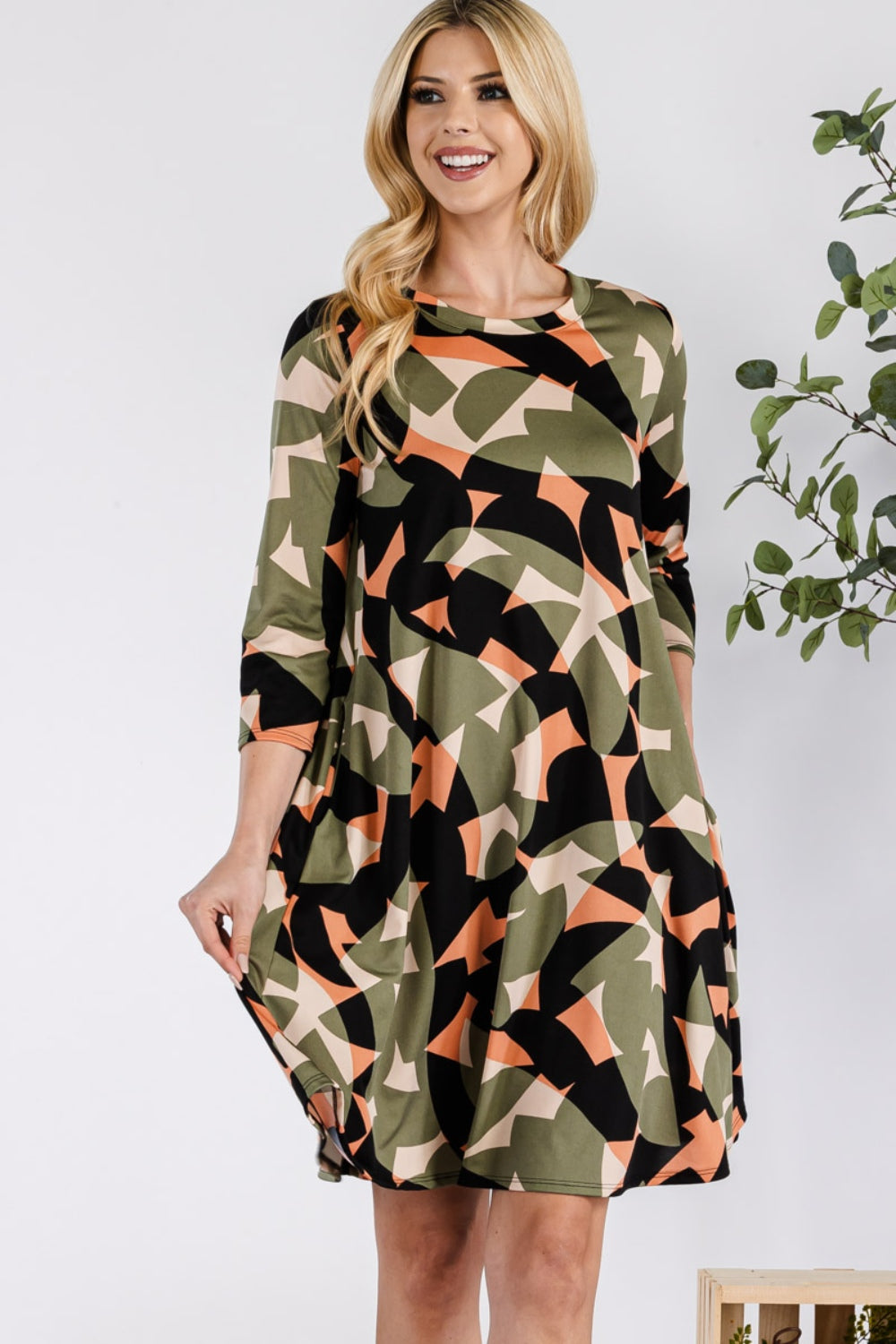 Full Size Geometric Round Neck Dress with Pockets