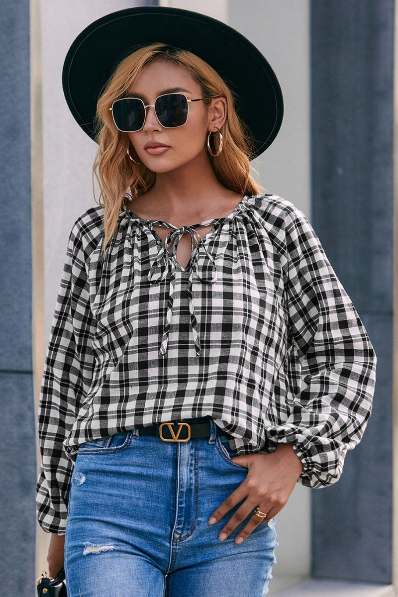 Ivy Lane Plaid Tie Neck Balloon Sleeve Blouse