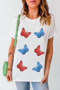 Sequin Butterfly Round Neck Short Sleeve T-Shirt