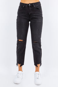 High Waist Distressed Cropped Straight Jeans