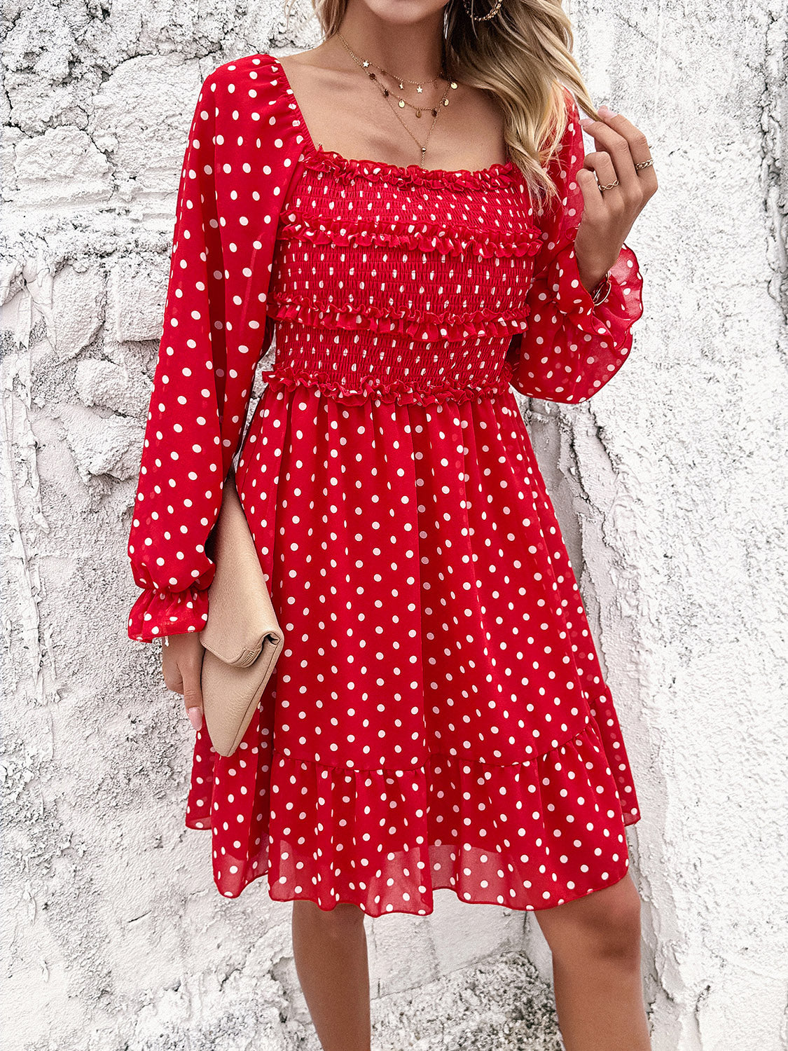 Devine Smocked Polka Dot Long Sleeve Dress