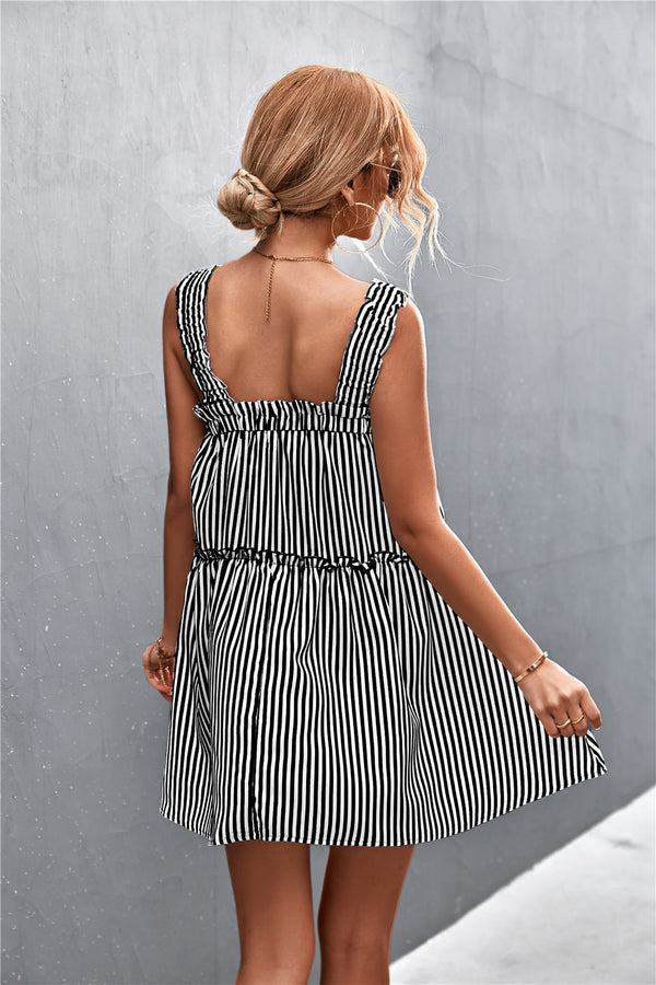 Striped Frill Trim Square Neck Dress