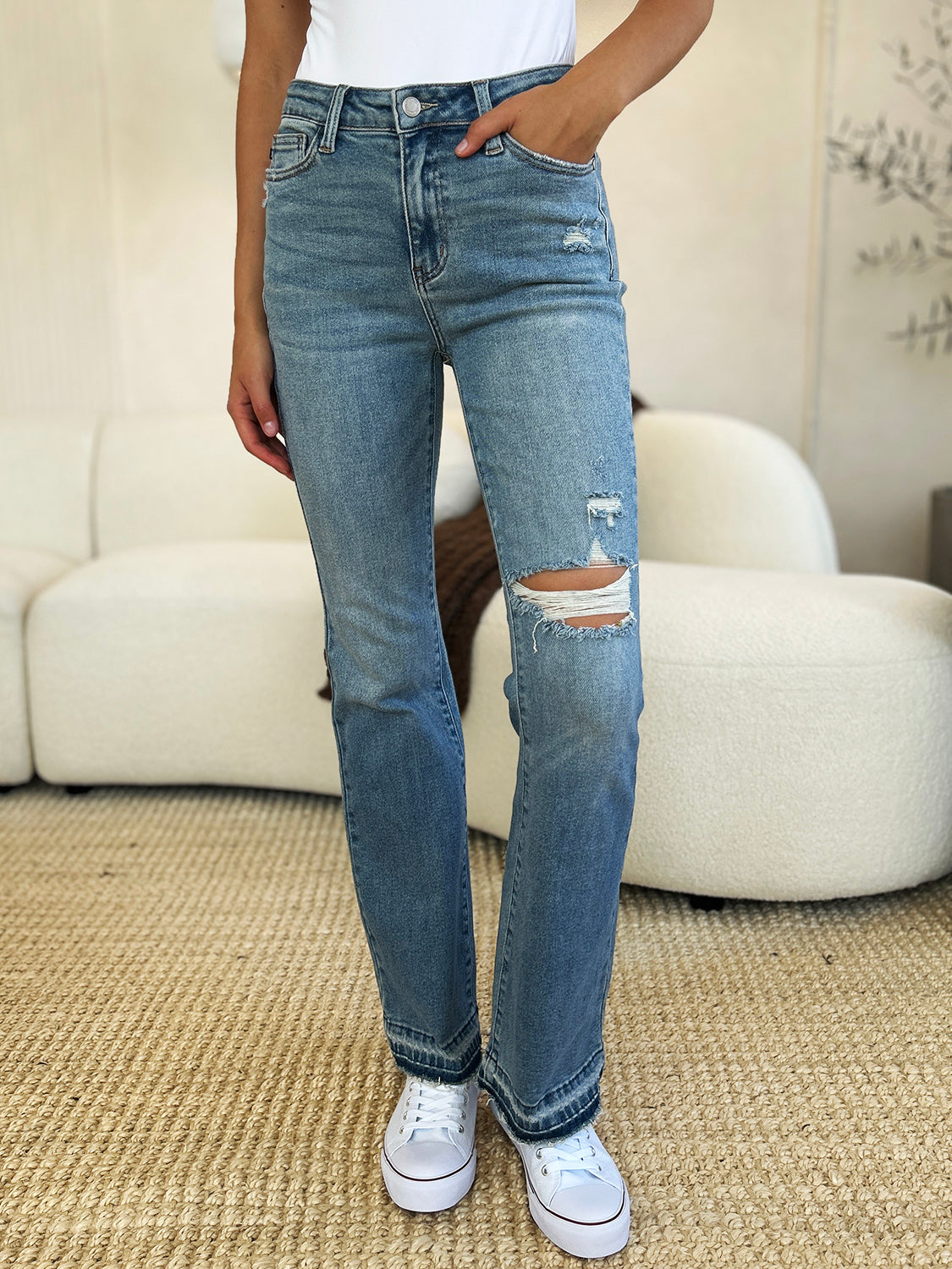 Full Size Mid Rise Destroyed Hem Distressed Jeans