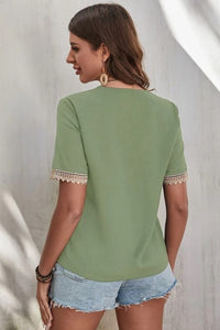 Full Size Lace Detail V-Neck Short Sleeve Blouse