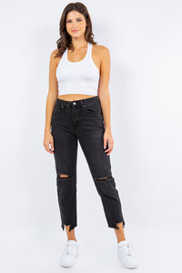 High Waist Distressed Cropped Straight Jeans
