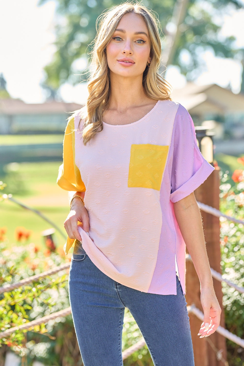Full Size Color Block Short Sleeve Top