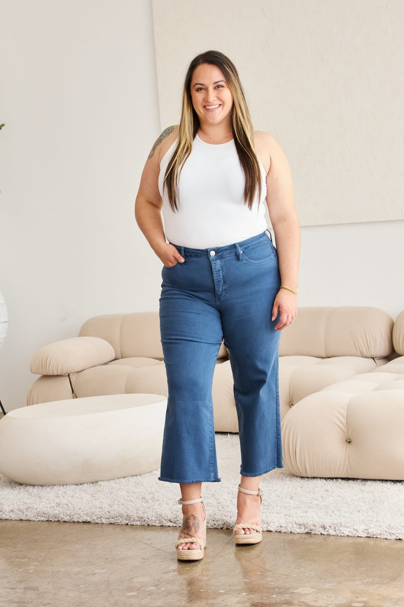 Full Size Tummy Control High Waist Raw Hem Jeans Blue Slate