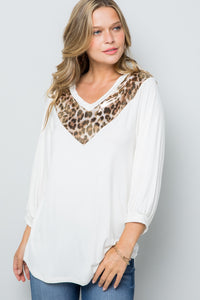 Full Size Leopard Contrast Balloon Sleeve Top