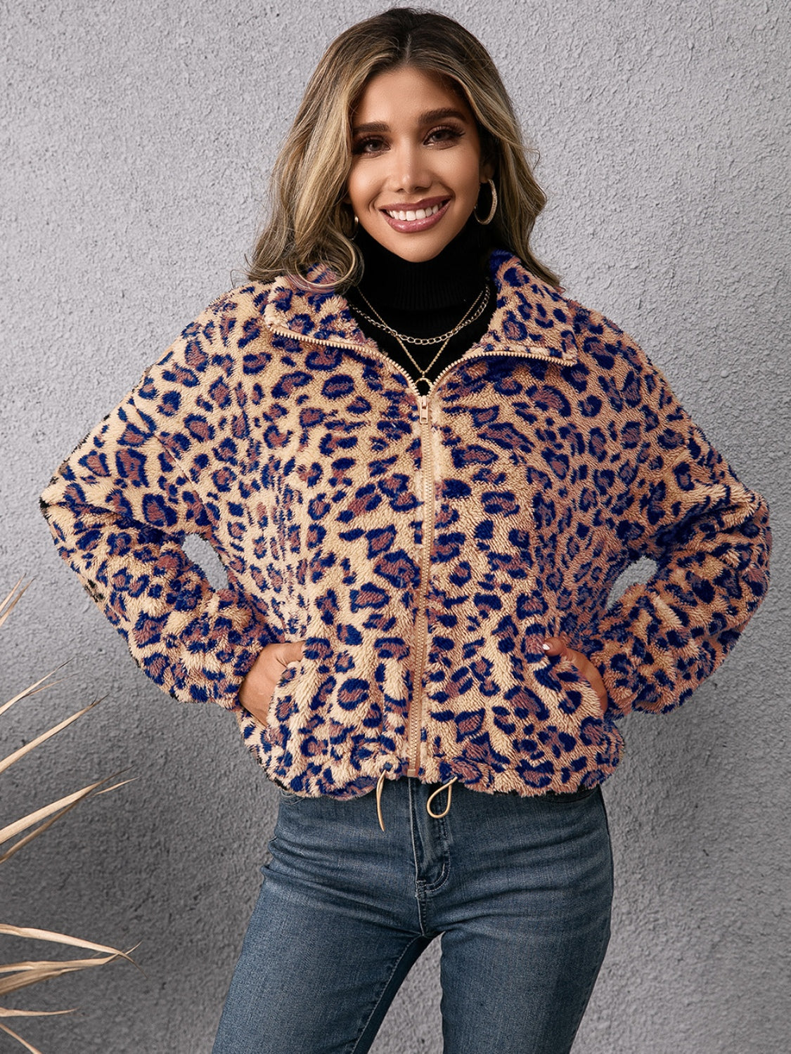 Ivy Lane Drawstring Leopard Zip Up Jacket