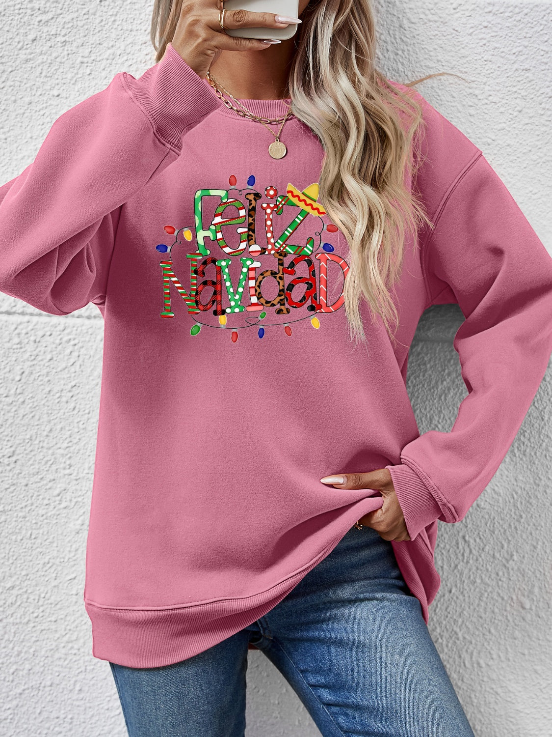 FELIZ NAVIDAD Round Neck Drop Shoulder Sweatshirt