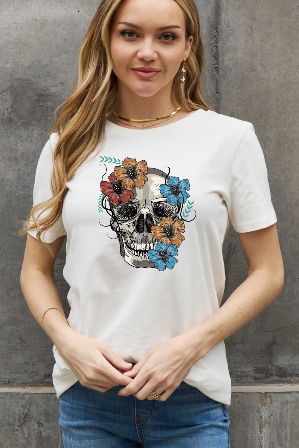 Full Size Flower Skull Graphic Cotton Tee