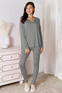 Bamboo Full Size V-Neck Long Sleeve Top and Pants Lounge Set