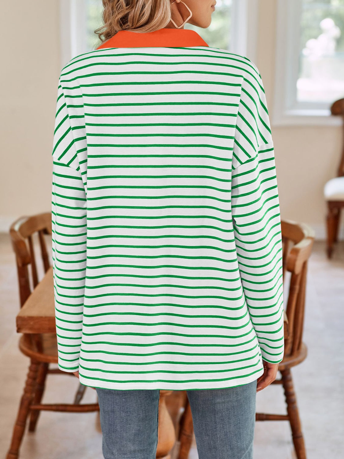 Striped Johnny Collar Long Sleeve T-Shirt