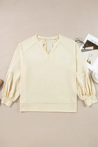 Slit Notched Long Sleeve Blouse