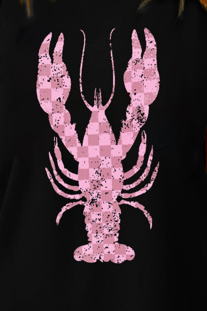 Checkered Lobster Graphic Round Neck Short Sleeve T-Shirt