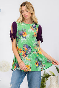Full Size Open Tie Sleeve Round Neck Floral Blouse