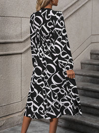 Perfee Printed V-Neck Long Sleeve Midi Dress