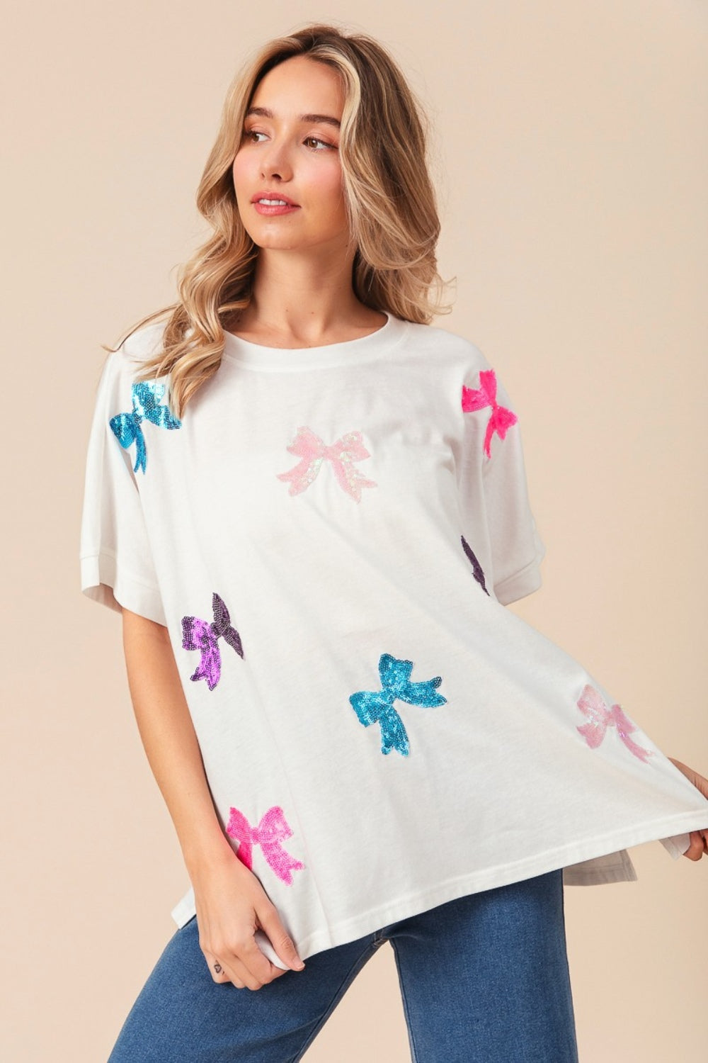 Bow Patch Sequin Short Sleeve T-Shirt