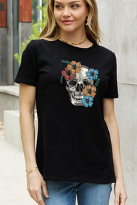 Full Size Flower Skull Graphic Cotton Tee