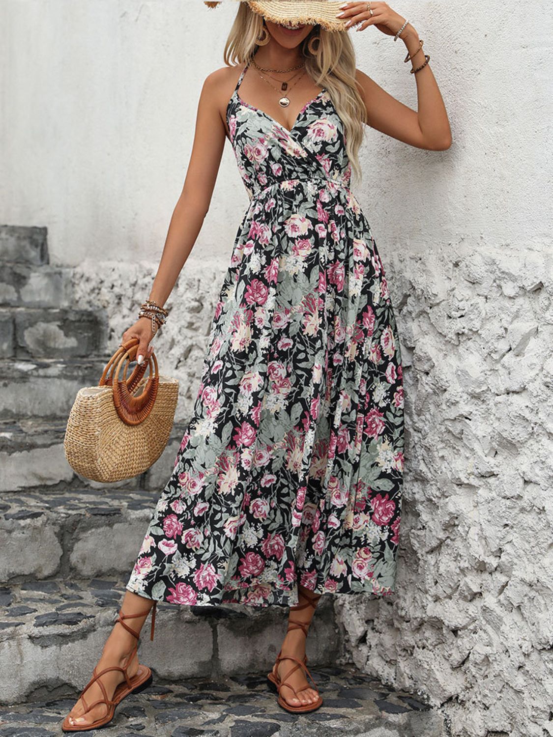 Perfee Smocked Printed Halter Neck Midi Dress