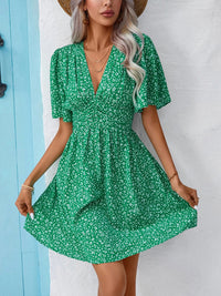 Printed Half Sleeve V-Neck Mini Dress