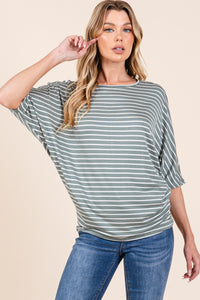 BOMBOM Striped Boat Neck Dolman Sleeve Top