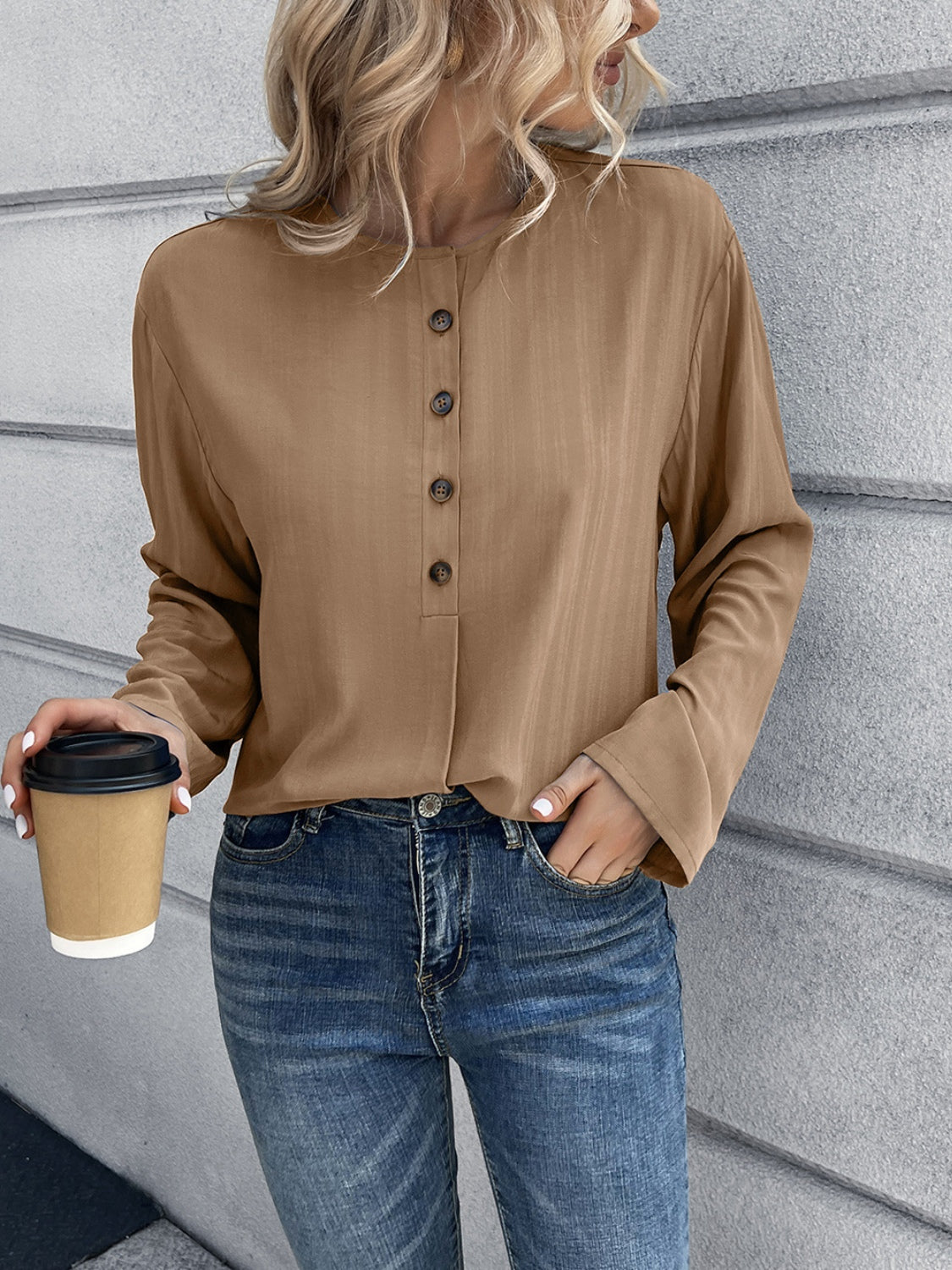 Ivy Lane Half Button Long Sleeve Blouse