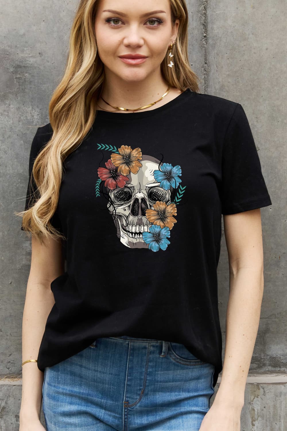 Full Size Flower Skull Graphic Cotton Tee