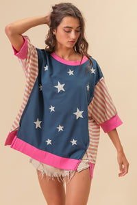 US Flag Theme Color Block Star Patch T-Shirt
