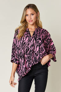 Full Size Printed Notched Three-Quarter Sleeve Blouse