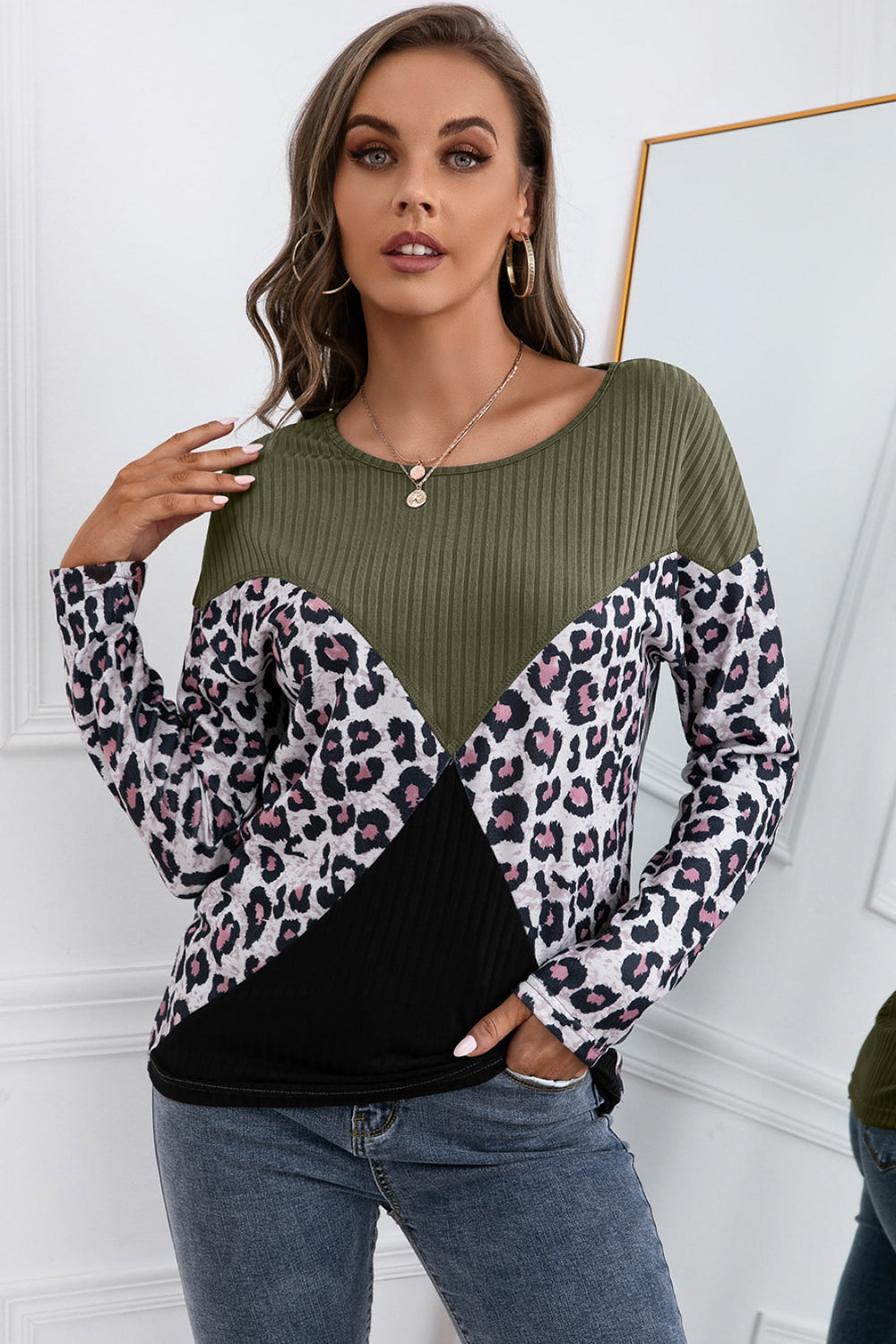 Ivy Lane Leopard Patch Color Block Ribbed Top