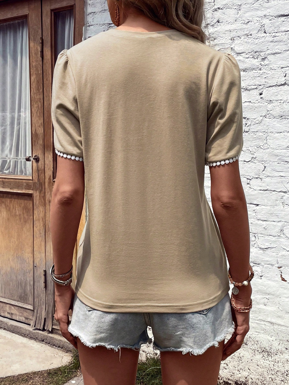 Round Neck Petal Sleeve T-Shirt Tan