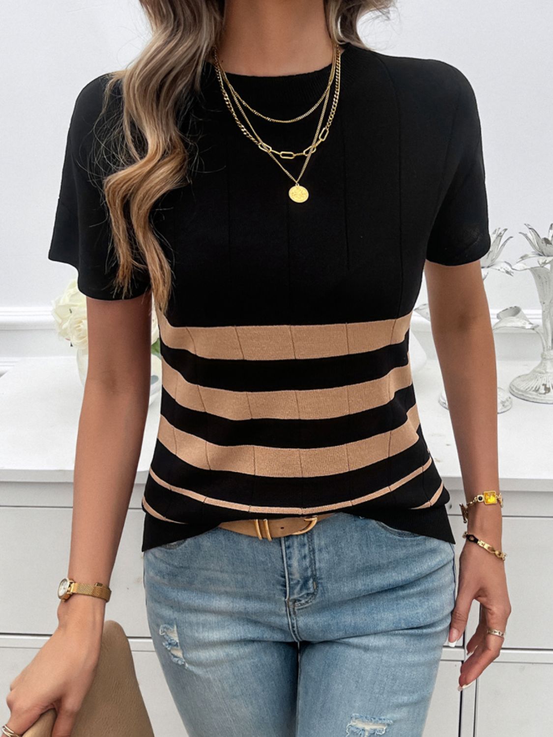 Striped Round Neck Short Sleeve Knit Top
