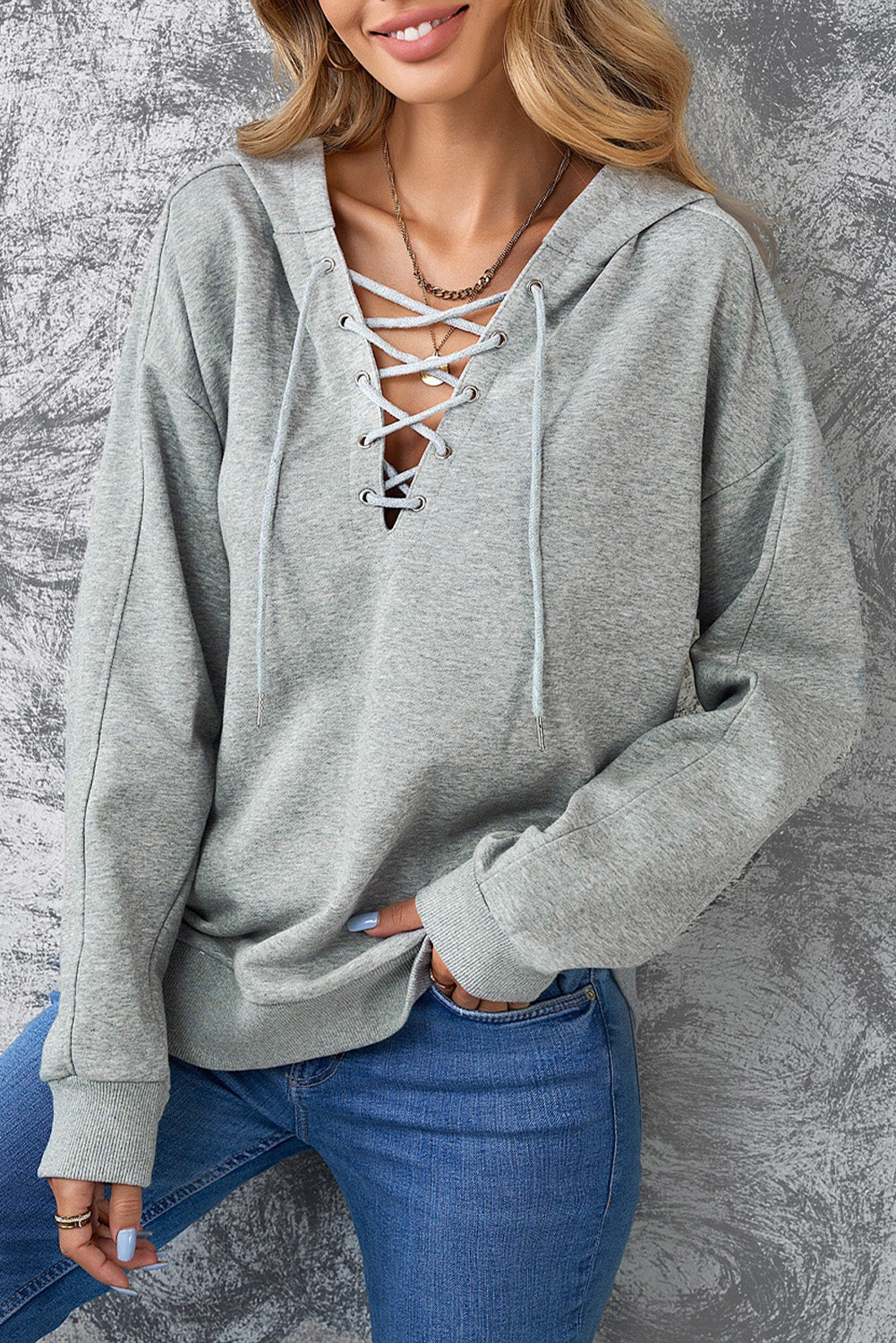 Lace-Up Dropped Shoulder Hoodie