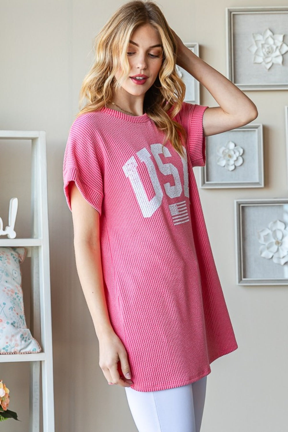 Full Size USA Graphic Short Sleeve Ribbed Top
