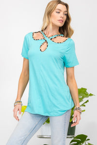 Full Size Crisscross Cutout Leopard Contrast Trim T-Shirt