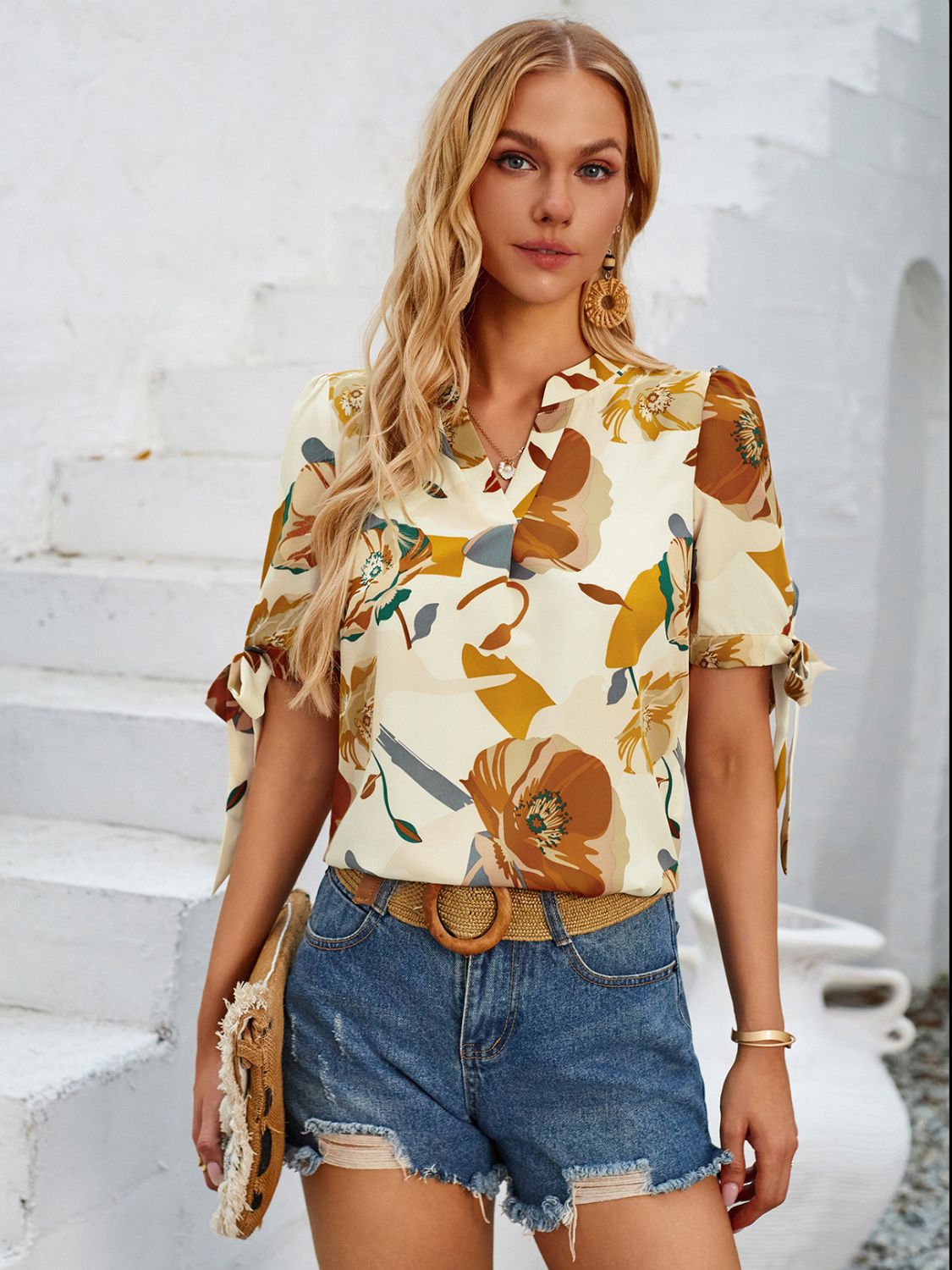 Tied Printed Notched Short Sleeve Blouse