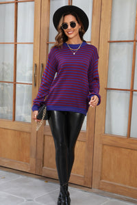 Angel Wings Striped Round Neck Dropped Shoulder Sweater